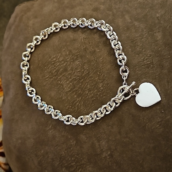 VTG BEST 1990s Silvertone Chunky Rollo Chain Heart Toggle Necklace - Picture 2 of 6